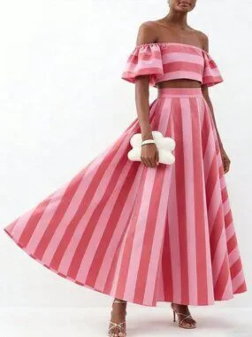 Pink Women's Striped Off-Shoulder Ruffle Sleeve Crop Top & High Waist Maxi Skirt